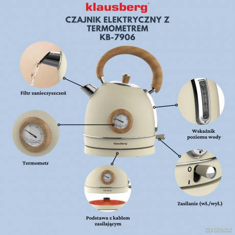 Czajnik elektryczny z termometrem, stal nierdzewna, kremowy z drewnem, 1,8l, 1850-2200w, klausberg, kb-7906