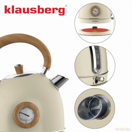 Czajnik elektryczny z termometrem, stal nierdzewna, kremowy z drewnem, 1,8l, 1850-2200w, klausberg, kb-7906
