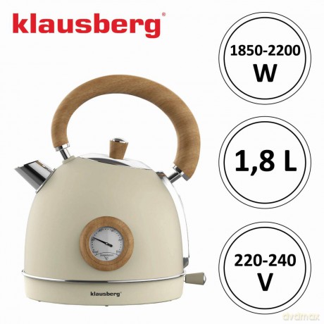 Czajnik elektryczny z termometrem, stal nierdzewna, kremowy z drewnem, 1,8l, 1850-2200w, klausberg, kb-7906