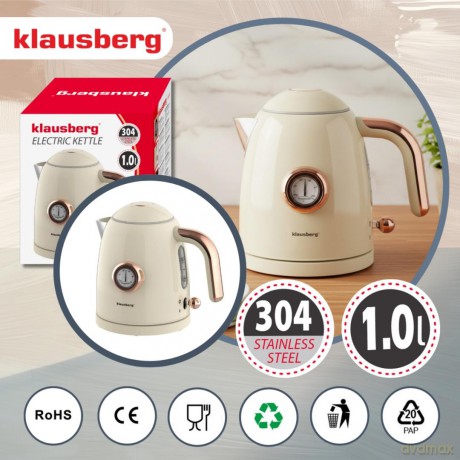 Czajnik elektryczny z termometrem, stal nierdzewna, kremowy, 1,0l, 1200w, klausberg, kb-9018