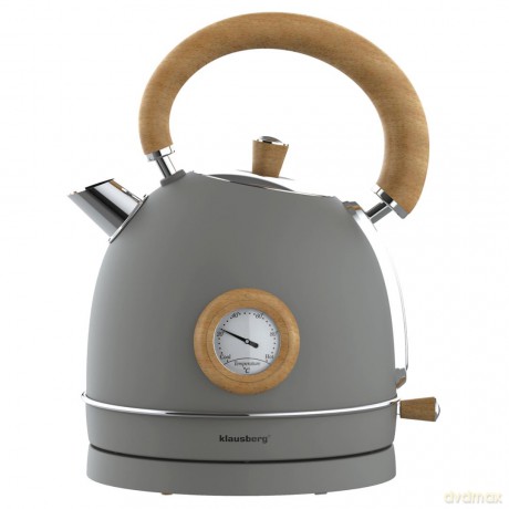 Czajnik elektryczny z termometrem, stal nierdzewna, szary z drewnem, 1,8l, 1850-2200w, klausberg, kb-9009