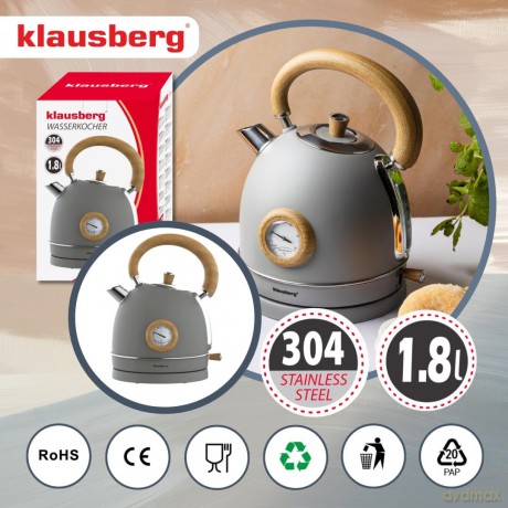 Czajnik elektryczny z termometrem, stal nierdzewna, szary z drewnem, 1,8l, 1850-2200w, klausberg, kb-9009