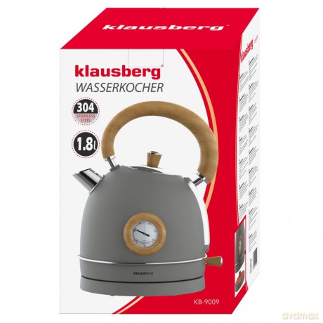 Czajnik elektryczny z termometrem, stal nierdzewna, szary z drewnem, 1,8l, 1850-2200w, klausberg, kb-9009