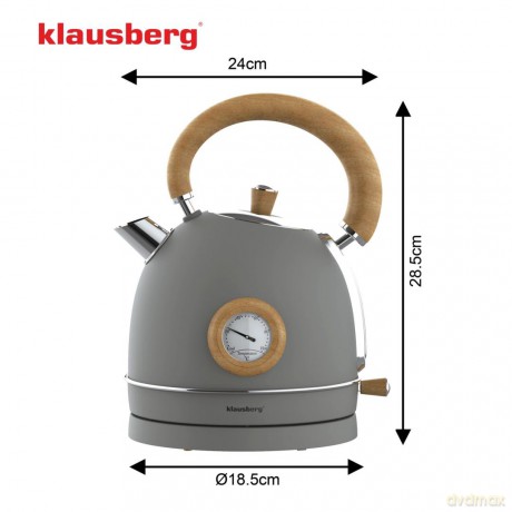 Czajnik elektryczny z termometrem, stal nierdzewna, szary z drewnem, 1,8l, 1850-2200w, klausberg, kb-9009