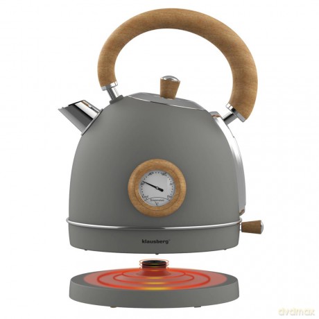 Czajnik elektryczny z termometrem, stal nierdzewna, szary z drewnem, 1,8l, 1850-2200w, klausberg, kb-9009