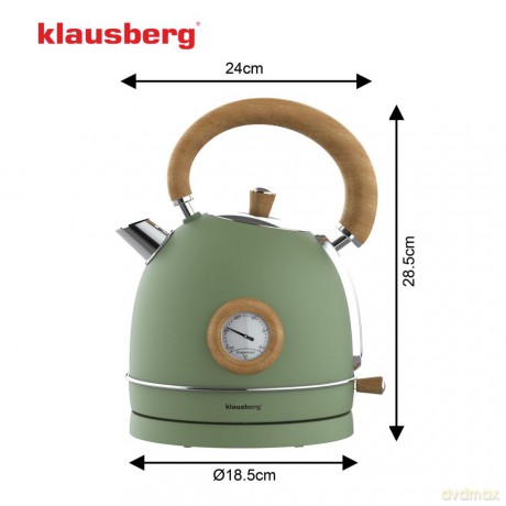 Czajnik elektryczny z termometrem, stal nierdzewna, zielony z drewnem, 1,8l, 1850-2200w, klausberg, kb-9008