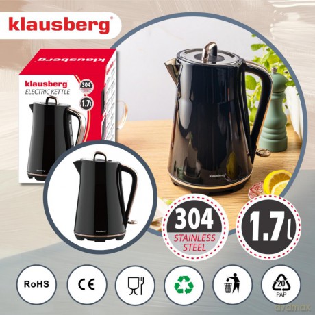 Czajnik elektryczny, stal nierdzewna, czarny, 1,7l, 1850-2200w, klausberg, kb-9015