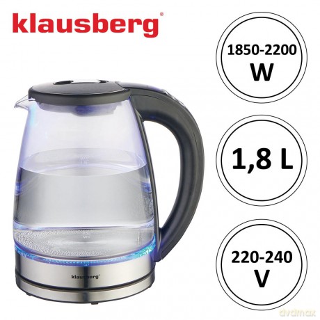 Czajnik elektryczny, szklany, z led, 1,8l, klausberg, kb-7887