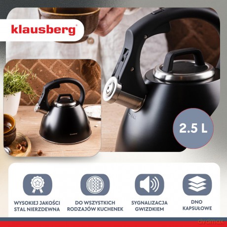 Czajnik stalowy 2,5 l czarny mat z uchwytem soft-touch, klausberg kb-7952
