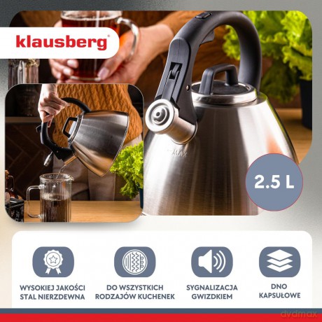 Czajnik stalowy 2,5 l z gwizdkiem i uchwytem soft-touch, klausberg kb-7951