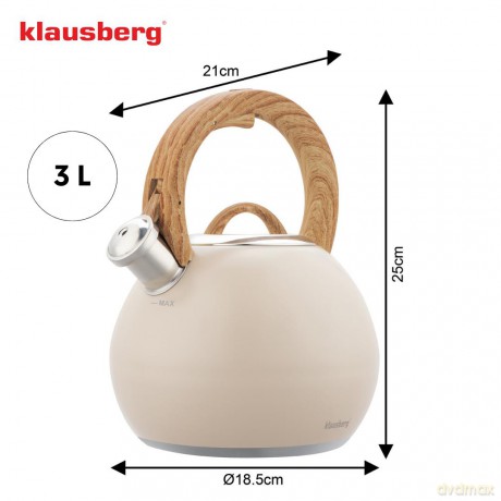 Czajnik stalowy 3 l beżowy mat z uchwytem drewnopodobnym, klausberg kb-7956
