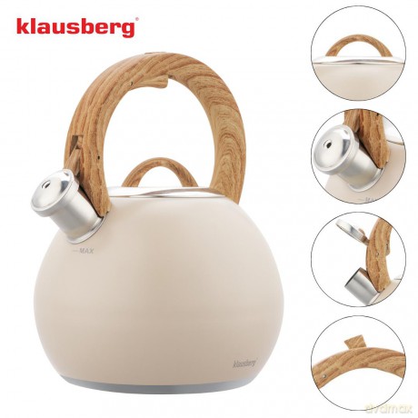 Czajnik stalowy 3 l beżowy mat z uchwytem drewnopodobnym, klausberg kb-7956