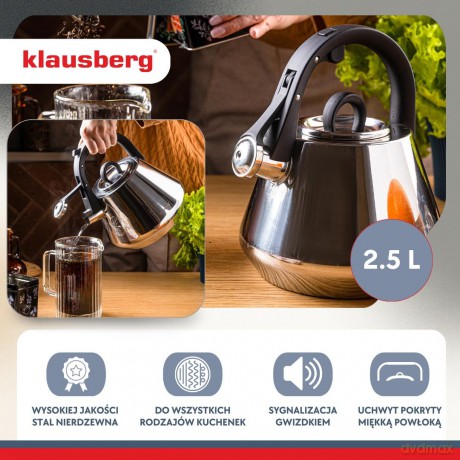 Czajnik stalowy z gwizdkiem 2,5 l połysk, indukcja, klausberg kb-7947