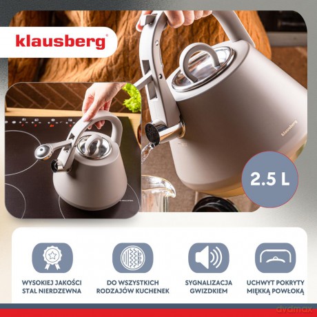 Czajnik stalowy z gwizdkiem 2,5 l szary mat, indukcja, klausberg kb-7949