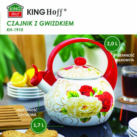 Czajnik z gwizdkiem, stal emaliowana, wzór - czerwone i białe róże, 2l, kinghoff, kh-1910