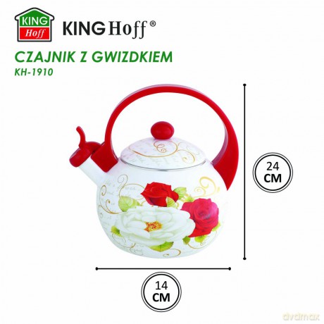 Czajnik z gwizdkiem, stal emaliowana, wzór - czerwone i białe róże, 2l, kinghoff, kh-1910