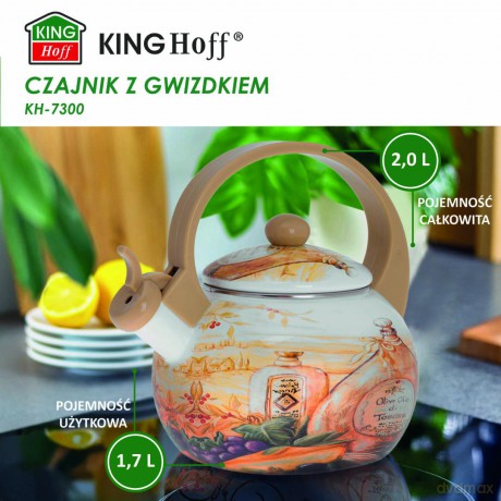 Czajnik z gwizdkiem, stal emaliowana, wzór - toskańska oliwa, 2l, kinghoff, kh-3700