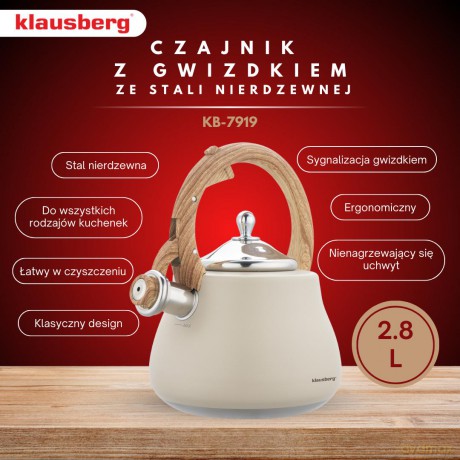 Czajnik z gwizdkiem, stal nierdzewna, beżowy z elementami drewnopodobnymi, 2,8l, klausberg, kb-7919