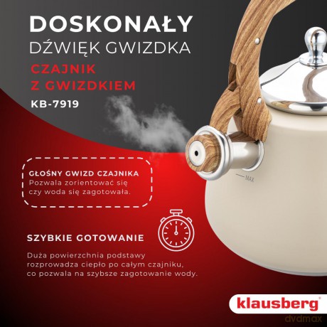 Czajnik z gwizdkiem, stal nierdzewna, beżowy z elementami drewnopodobnymi, 2,8l, klausberg, kb-7919