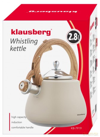 Czajnik z gwizdkiem, stal nierdzewna, beżowy z elementami drewnopodobnymi, 2,8l, klausberg, kb-7919