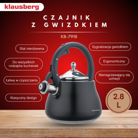 Czajnik z gwizdkiem, stal nierdzewna, czarny ze srebrnymi elementami, 2,8l, klausberg, kb-7918