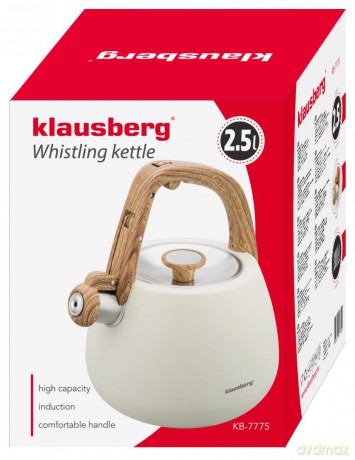 Czajnik ze stali nierdzewnej z gwizdkiem, beżowy z drewnianym uchwytem, pojemność 2,5l, klausberg, kb-7775