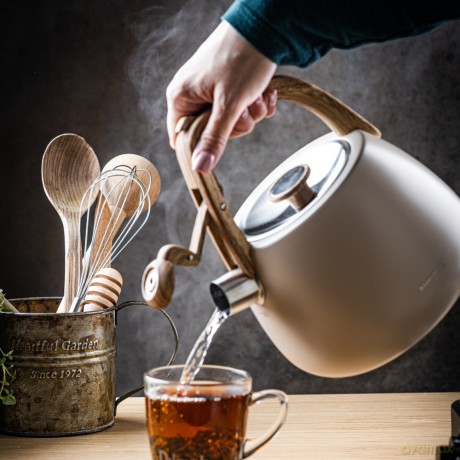 Czajnik ze stali nierdzewnej z gwizdkiem, beżowy z drewnianym uchwytem, pojemność 2,5l, klausberg, kb-7775