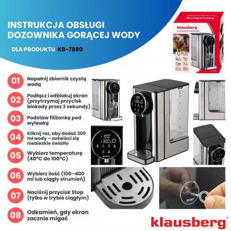 Dozownik gorącej wody, dyspenser, dotykowy panel led, regulacja temperatury i objętości, 2,7l, klausberg, kb-7880