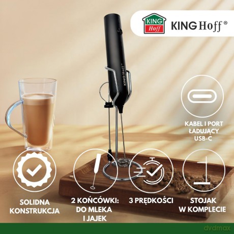 Spieniacz do mleka, usb-c, 3 prędkości, 2 końcówki, z stojak, kinghoff