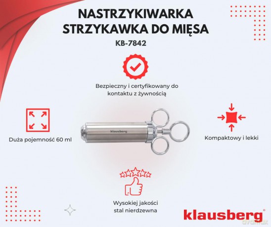 Strzykawka do marynowania mięsa, zestaw z 3 igłami i akcesoriami, stal nierdzewna, 60 ml, klausberg, kb-7842