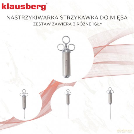 Strzykawka do marynowania mięsa, zestaw z 3 igłami i akcesoriami, stal nierdzewna, 60 ml, klausberg, kb-7842