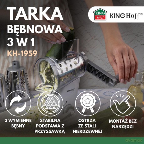 Tarka bębnowa obrotowa 3 w 1, szary, z 3 wymiennymi bębnami ze stali nierdzewnej, kinghoff, kh-1959
