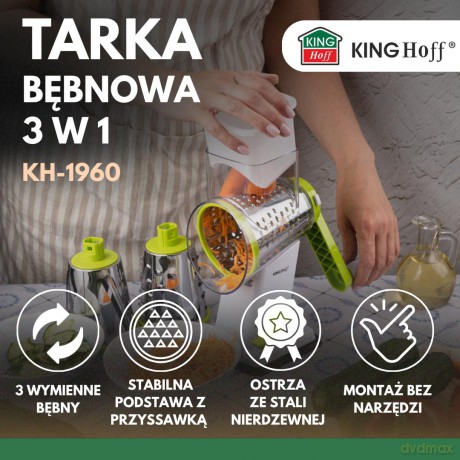 Tarka bębnowa obrotowa 3 w 1, zielony, z 3 wymiennymi bębnami ze stali nierdzewnej, kinghoff, kh-1960