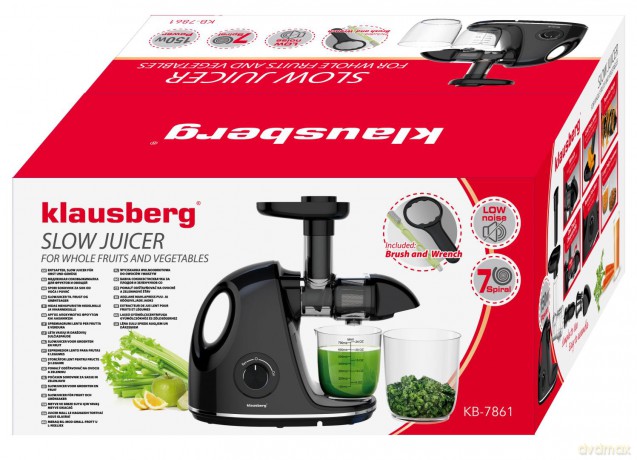 Wyciskarka wolnoobrotowa do owoców i warzyw, pozioma z uchwytem, 150w, czarna, klausberg, kb-7861