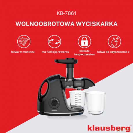 Wyciskarka wolnoobrotowa do owoców i warzyw, pozioma z uchwytem, 150w, czarna, klausberg, kb-7861