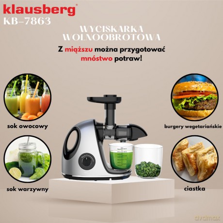 Wyciskarka wolnoobrotowa do owoców i warzyw, pozioma z uchwytem, 150w, szara, klausberg, kb-7863