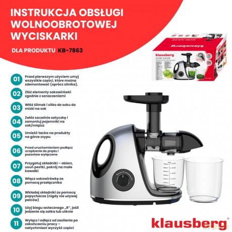 Wyciskarka wolnoobrotowa do owoców i warzyw, pozioma z uchwytem, 150w, szara, klausberg, kb-7863