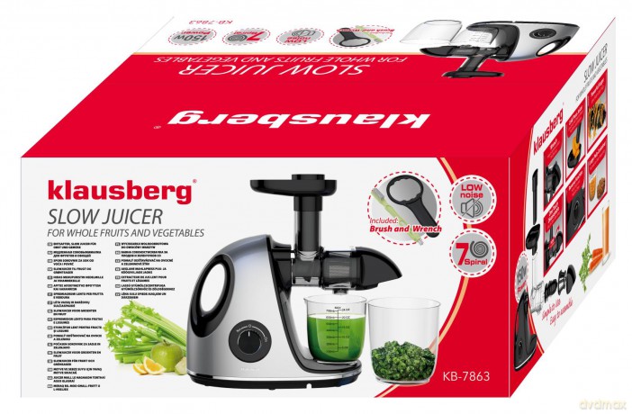 Wyciskarka wolnoobrotowa do owoców i warzyw, pozioma z uchwytem, 150w, szara, klausberg, kb-7863