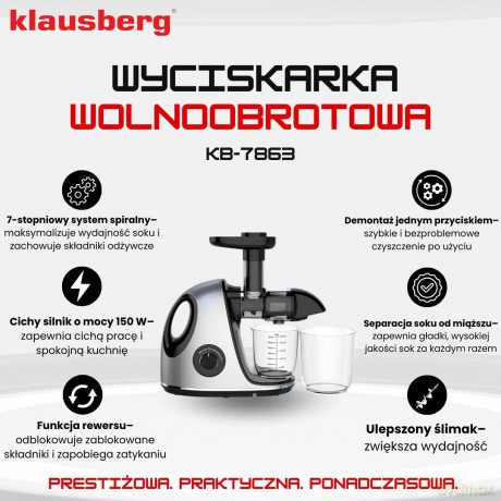 Wyciskarka wolnoobrotowa do owoców i warzyw, pozioma z uchwytem, 150w, szara, klausberg, kb-7863
