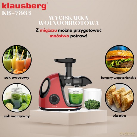 Wyciskarka wolnoobrotowa do owoców i warzyw, pozioma z uchwytem, 150w, wiśniowa czerwień, klausberg, kb-7865