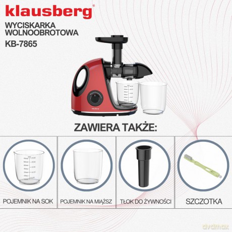 Wyciskarka wolnoobrotowa do owoców i warzyw, pozioma z uchwytem, 150w, wiśniowa czerwień, klausberg, kb-7865