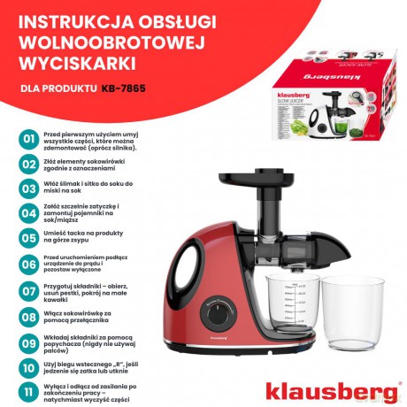 Wyciskarka wolnoobrotowa do owoców i warzyw, pozioma z uchwytem, 150w, wiśniowa czerwień, klausberg, kb-7865