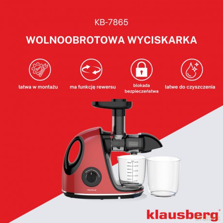 Wyciskarka wolnoobrotowa do owoców i warzyw, pozioma z uchwytem, 150w, wiśniowa czerwień, klausberg, kb-7865