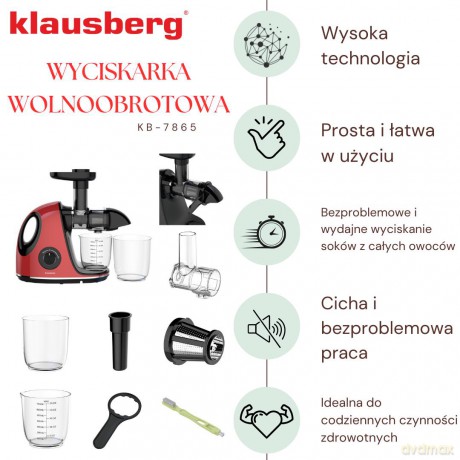 Wyciskarka wolnoobrotowa do owoców i warzyw, pozioma z uchwytem, 150w, wiśniowa czerwień, klausberg, kb-7865