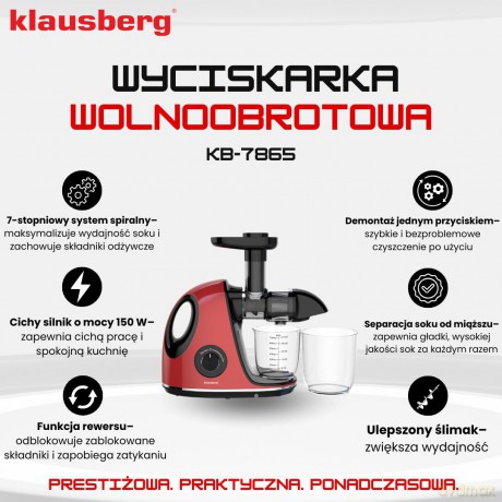 Wyciskarka wolnoobrotowa do owoców i warzyw, pozioma z uchwytem, 150w, wiśniowa czerwień, klausberg, kb-7865