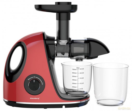 Wyciskarka wolnoobrotowa do owoców i warzyw, pozioma z uchwytem, 150w, wiśniowa czerwień, klausberg, kb-7865
