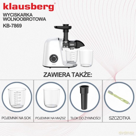 Wyciskarka wolnoobrotowa do owoców i warzyw, pozioma, biała, 150w, klausberg kb-7869