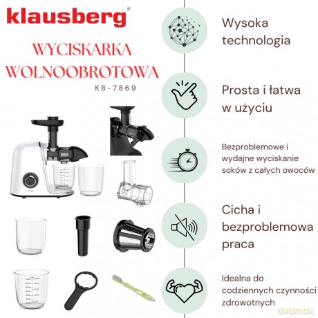 Wyciskarka wolnoobrotowa do owoców i warzyw, pozioma, biała, 150w, klausberg kb-7869