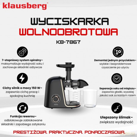Wyciskarka wolnoobrotowa do owoców i warzyw, pozioma, czarna z elementami w kolorze różowego złota, 150w, klausberg, kb-7867