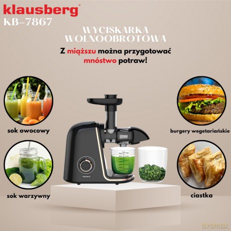 Wyciskarka wolnoobrotowa do owoców i warzyw, pozioma, czarna z elementami w kolorze różowego złota, 150w, klausberg, kb-7867